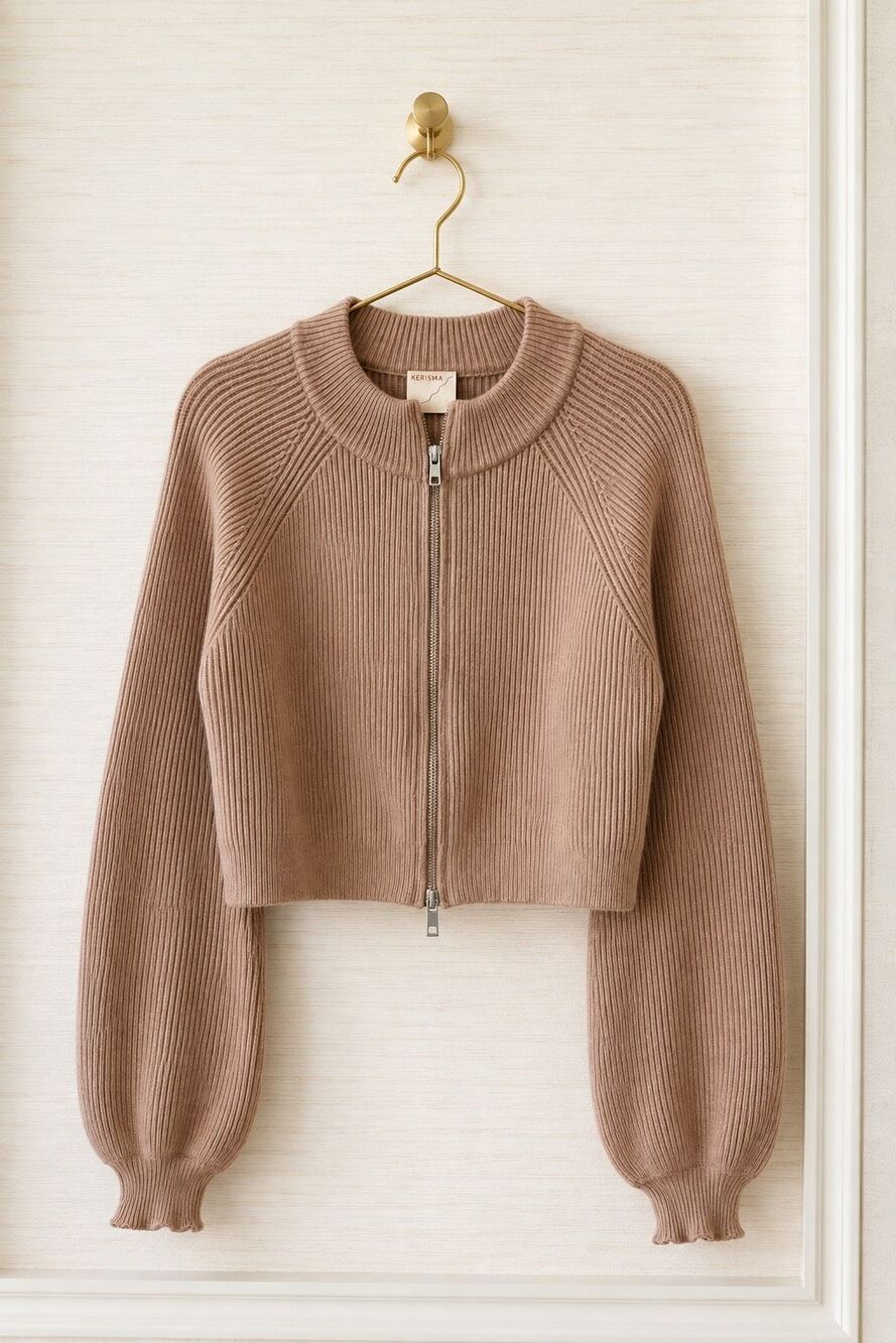 KERISMA Camel Ribbed wool blend Cropped Zip-Up Balloon Sleeve Cardigan, Sm/Med F